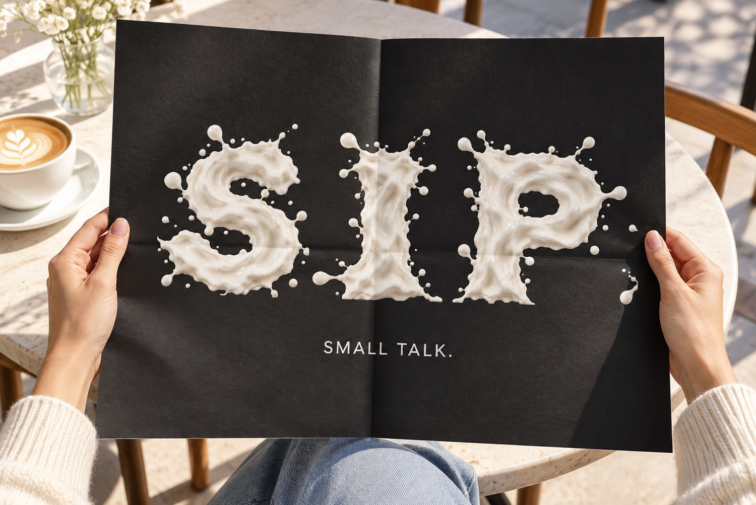 Milkstorm Font SIP magazine spread Hands holding a black magazine page with SIP set in the Milkstorm Font, coffee cups on the table behind