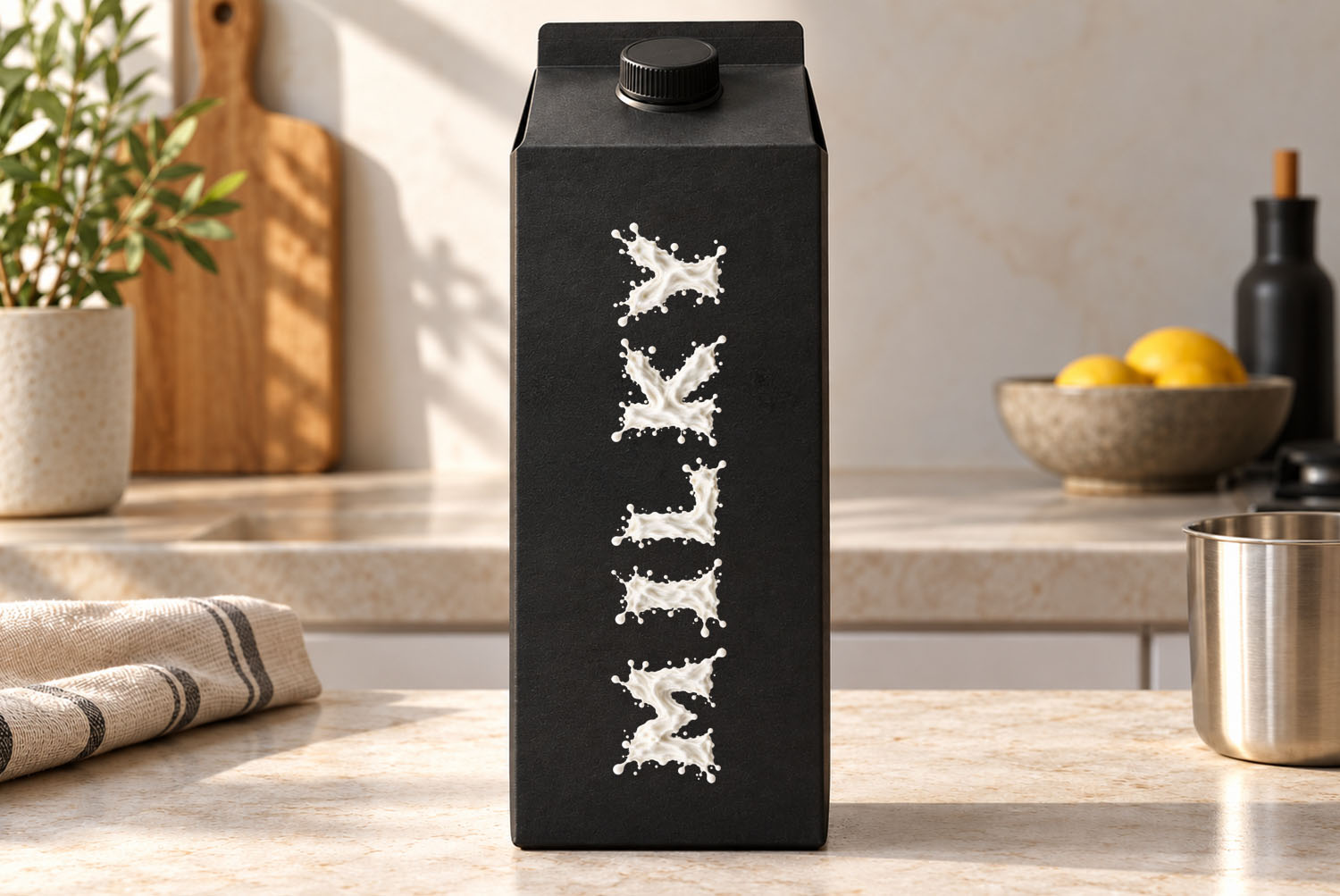 Milkstorm Font MILKY carton MILKY written vertically in the Milkstorm Font on a matte black milk carton on a kitchen counter