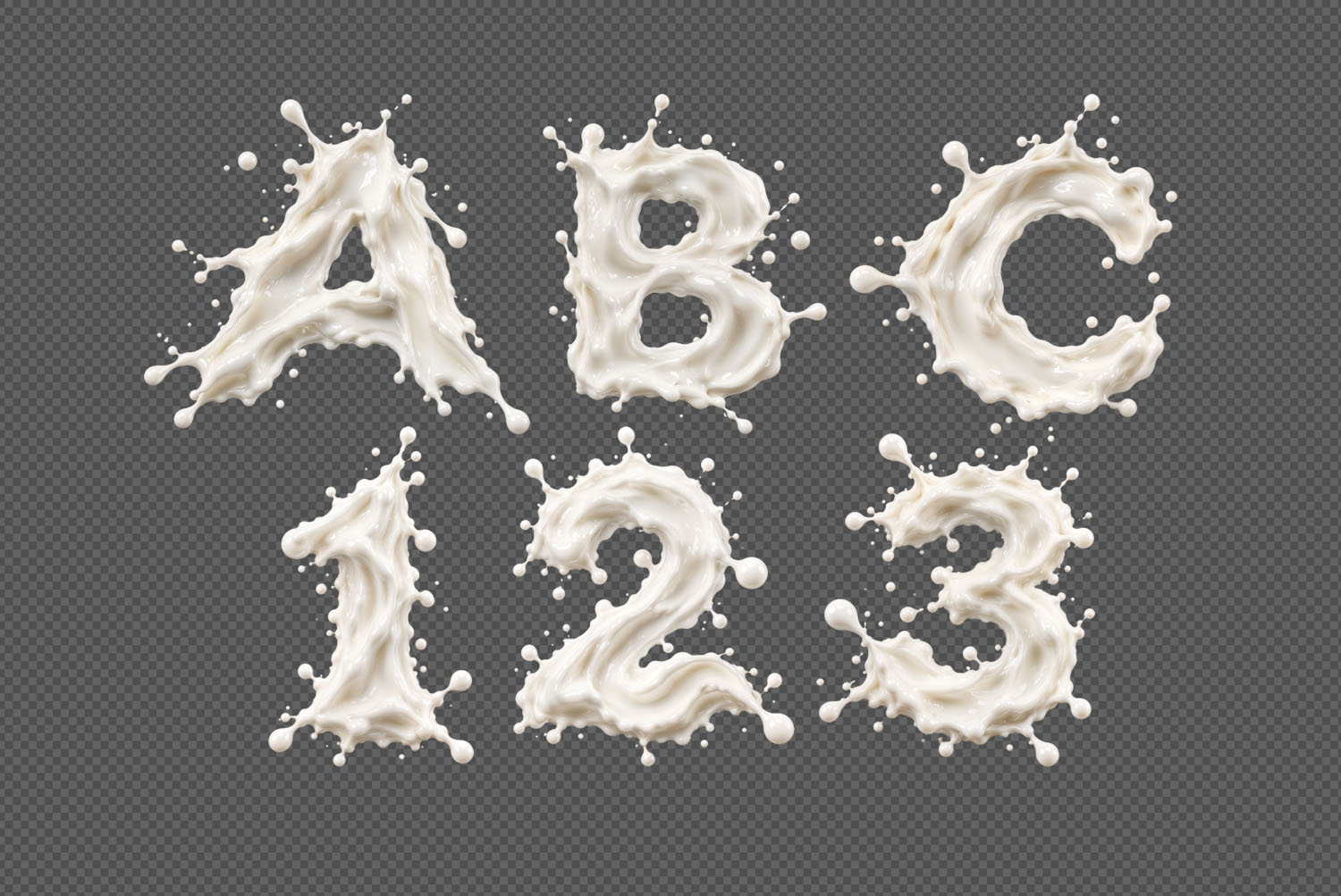 Milkstorm Font PNG letters ABC 123 Transparent PNG letters A B C and figures 1 2 3 from the Milkstorm Font on a checkerboard background