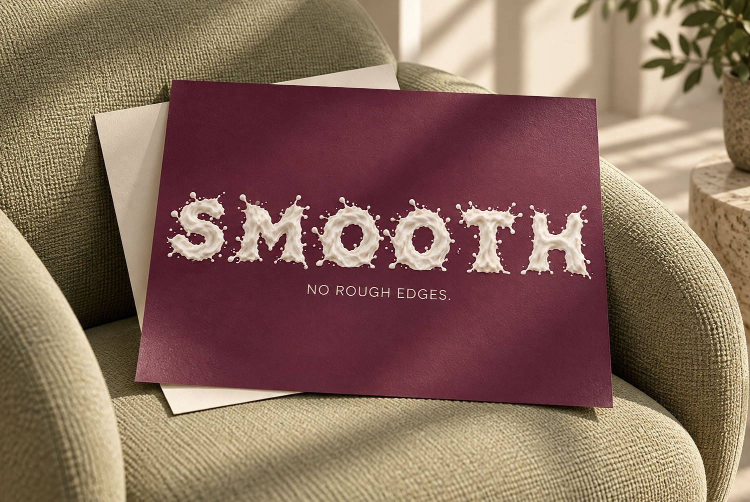 Milkstorm Font SMOOTH card SMOOTH in the Milkstorm Font on a burgundy card resting on a sage green armchair