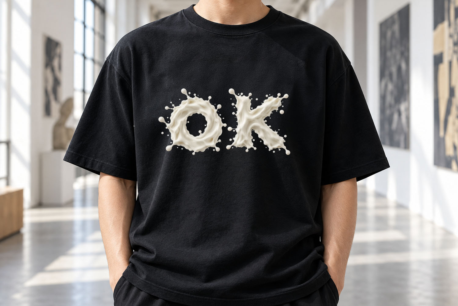 Milkstorm Font OK t-shirt Black t-shirt printed with OK in the Milkstorm Font, worn in a white gallery hallway