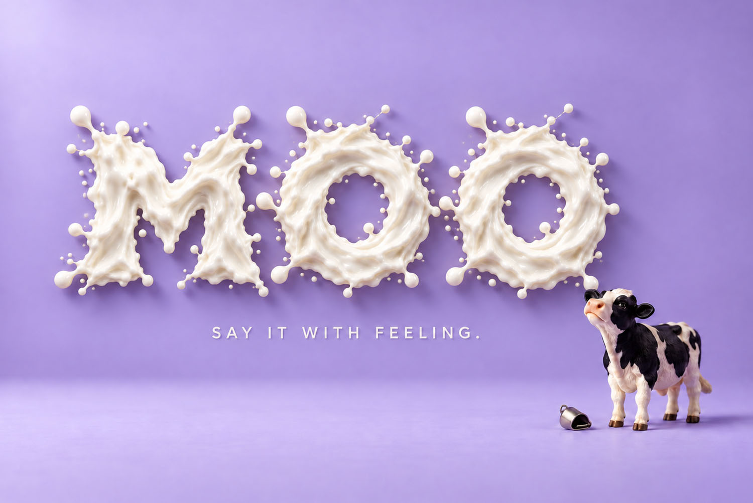 Milkstorm Font MOO with a toy cow MOO in the Milkstorm Font on lilac with a small black and white toy cow standing beside the letters