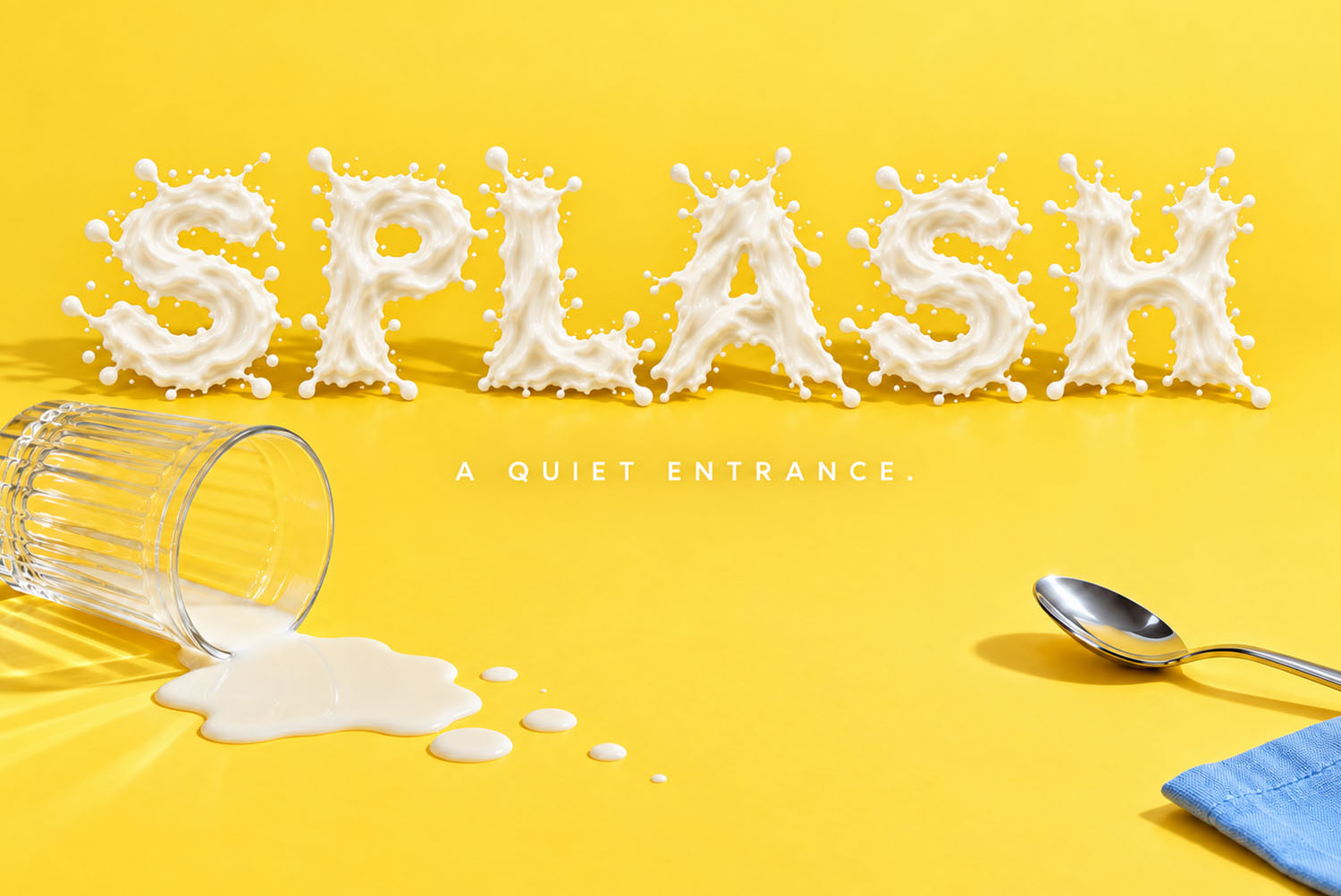 Milkstorm Font SPLASH with a spilled glass SPLASH in the Milkstorm Font on yellow, with a tipped glass spilling milk and a spoon on a blue napkin