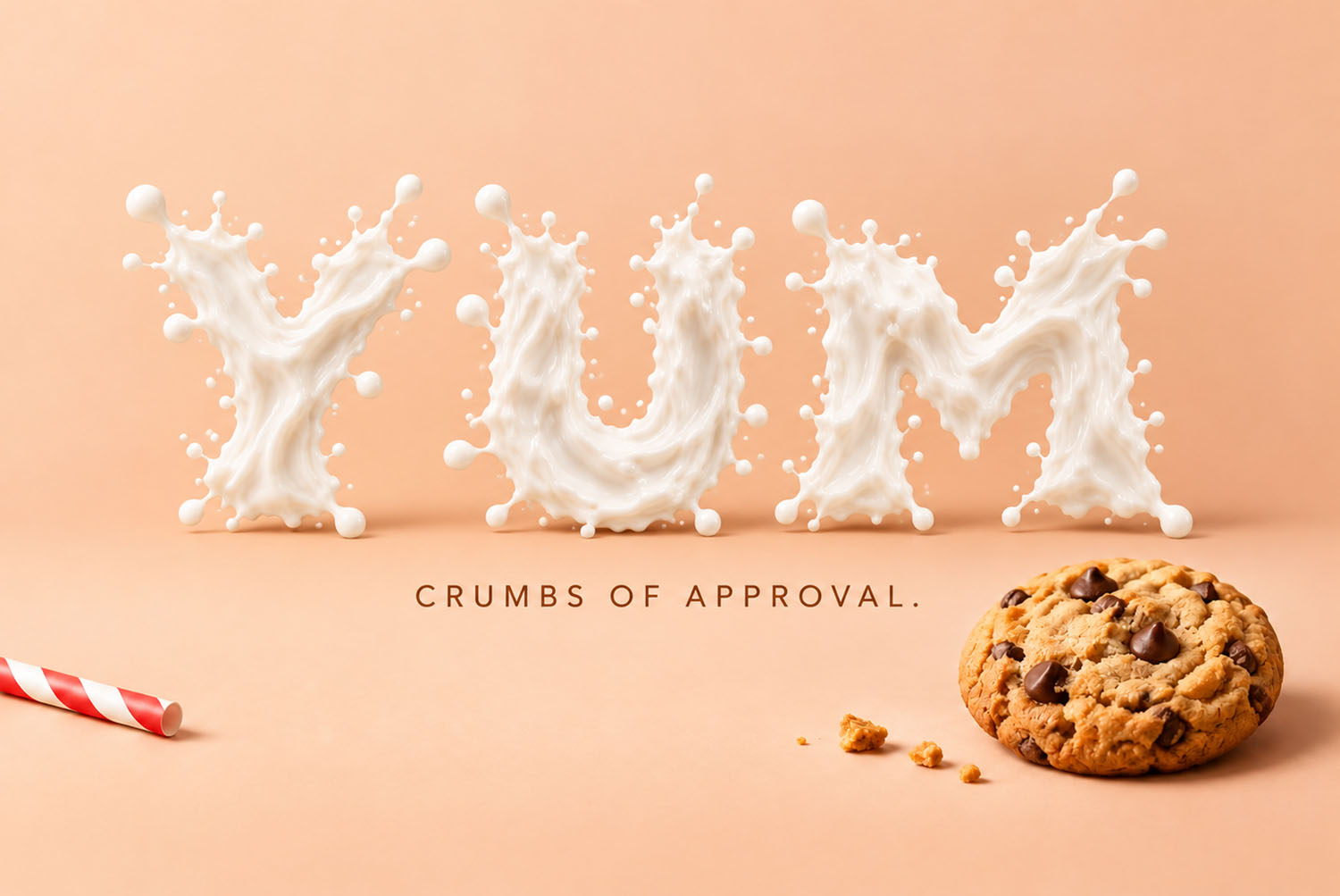 Milkstorm Font YUM with a cookie YUM in the Milkstorm Font on peach with a chocolate chip cookie, crumbs and a striped straw