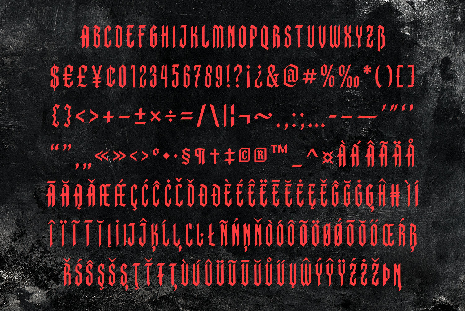 Monastic Font Red Alphabet Red Monastic Font alphabet, numerals and symbols on a dark grunge background