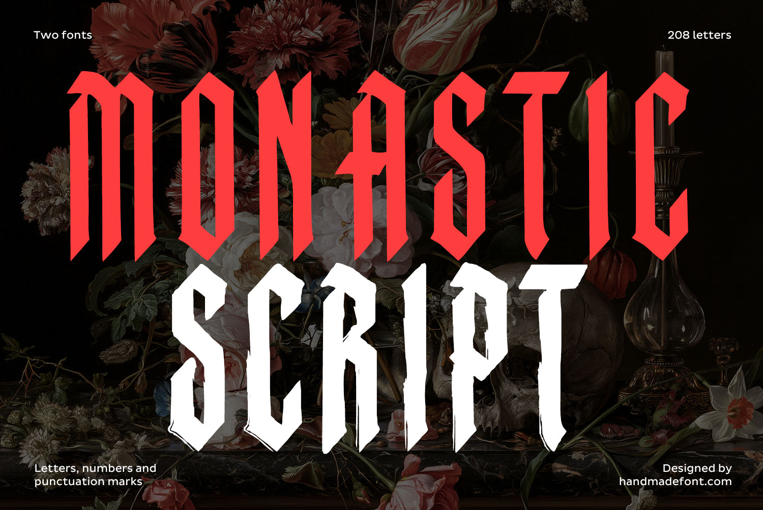Monastic Font Cover Monastic Font cover with red and white condensed blackletter title over dark florals