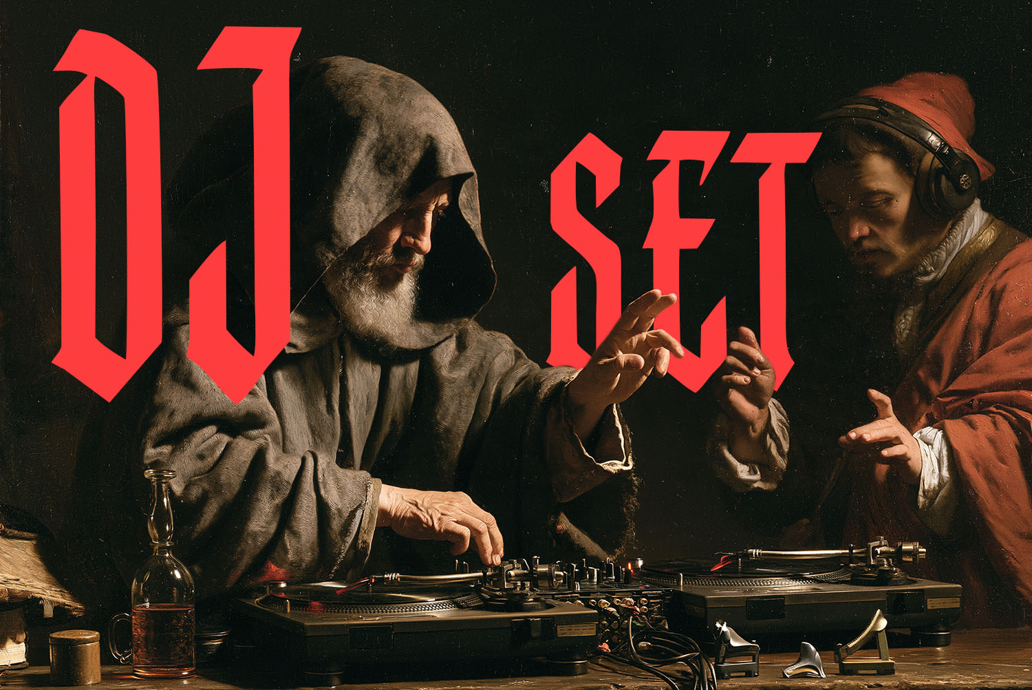 Monastic Font DJ Set Hooded monk at turntables with the words DJ SET in red Monastic Font capitals