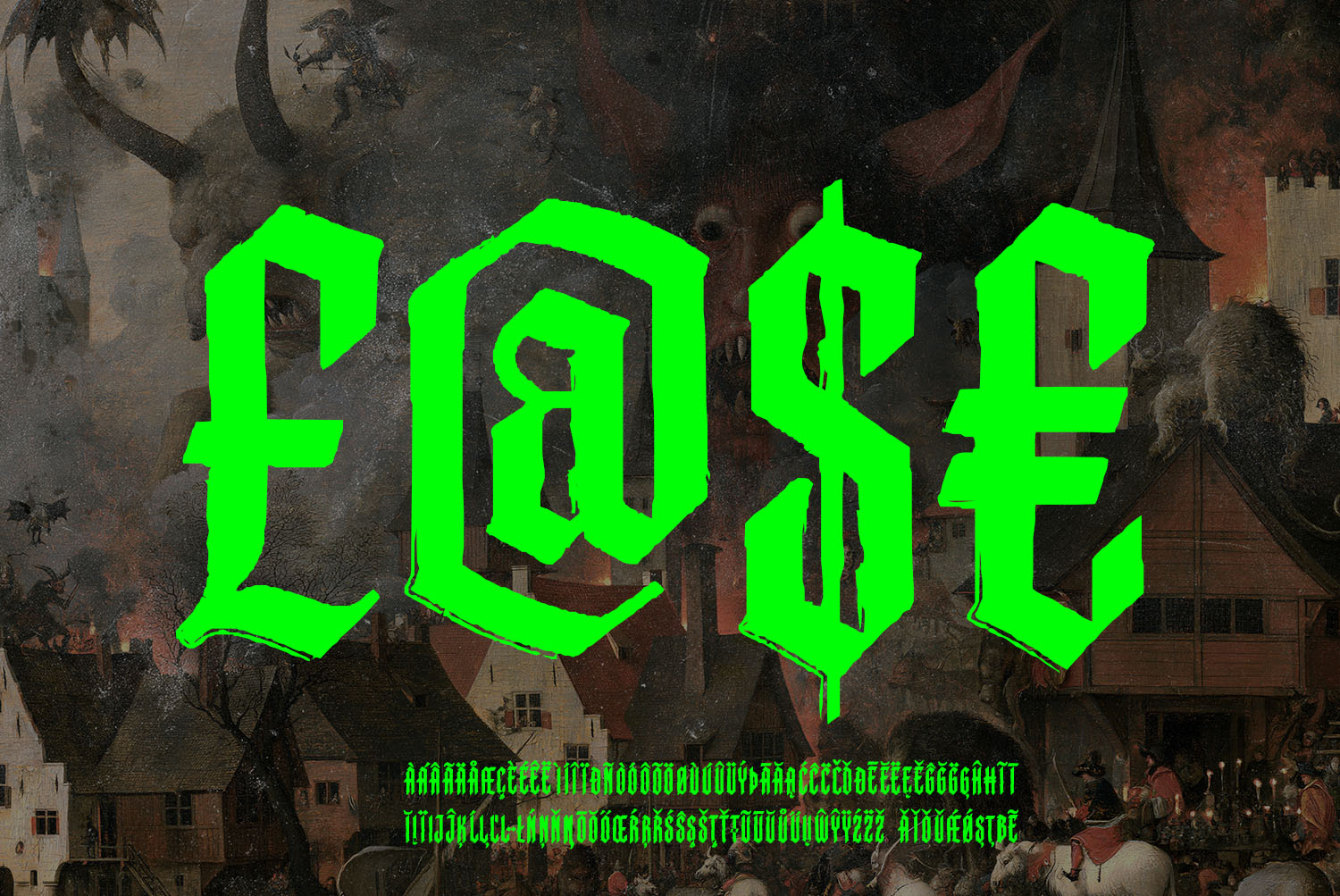 Monastic Font Currency Symbols Green Monastic Font pound, at, dollar and euro signs over a burning village painting