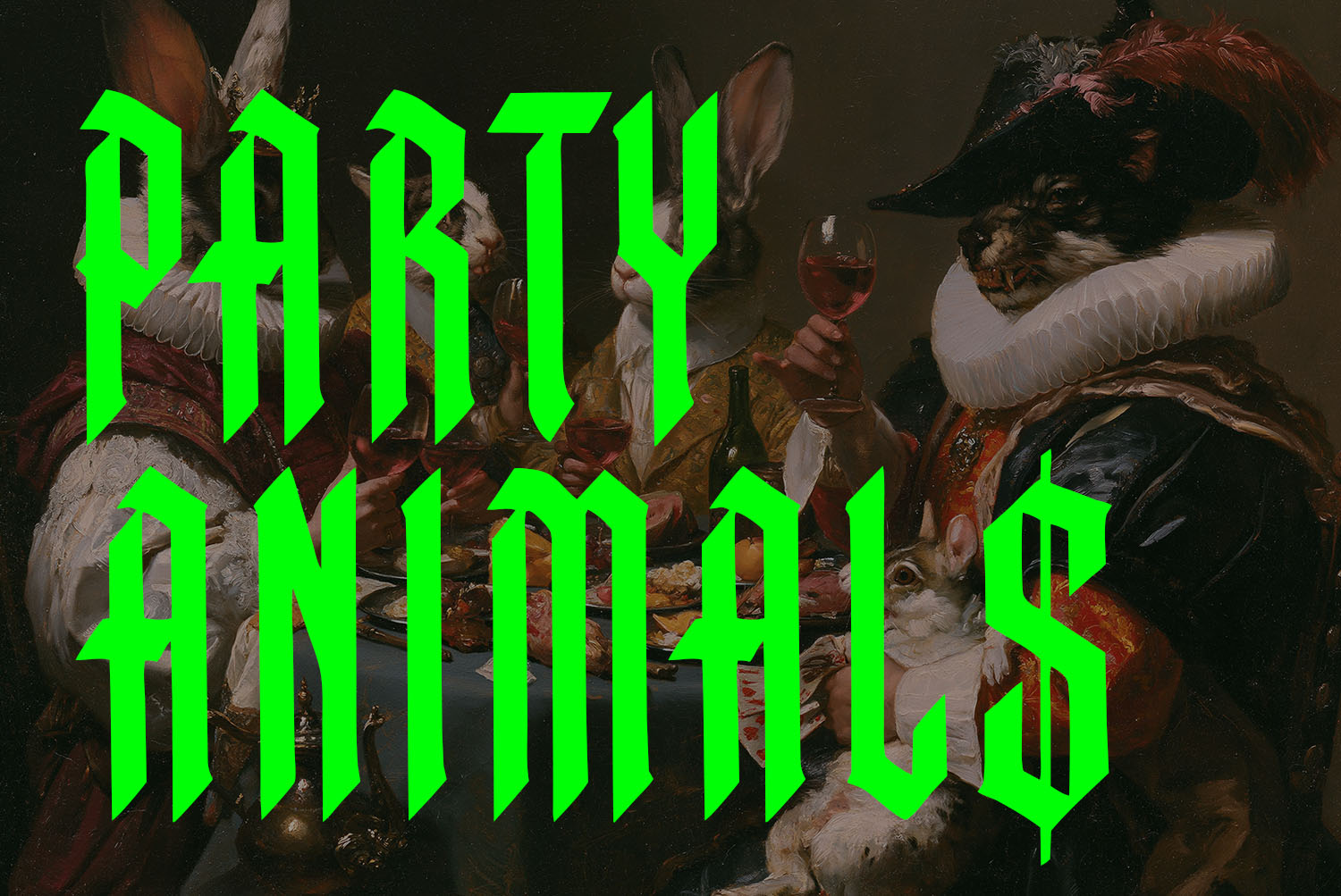 Monastic Font Party Animals Green Monastic Font headline PARTY ANIMALS over a feast scene with costumed animals