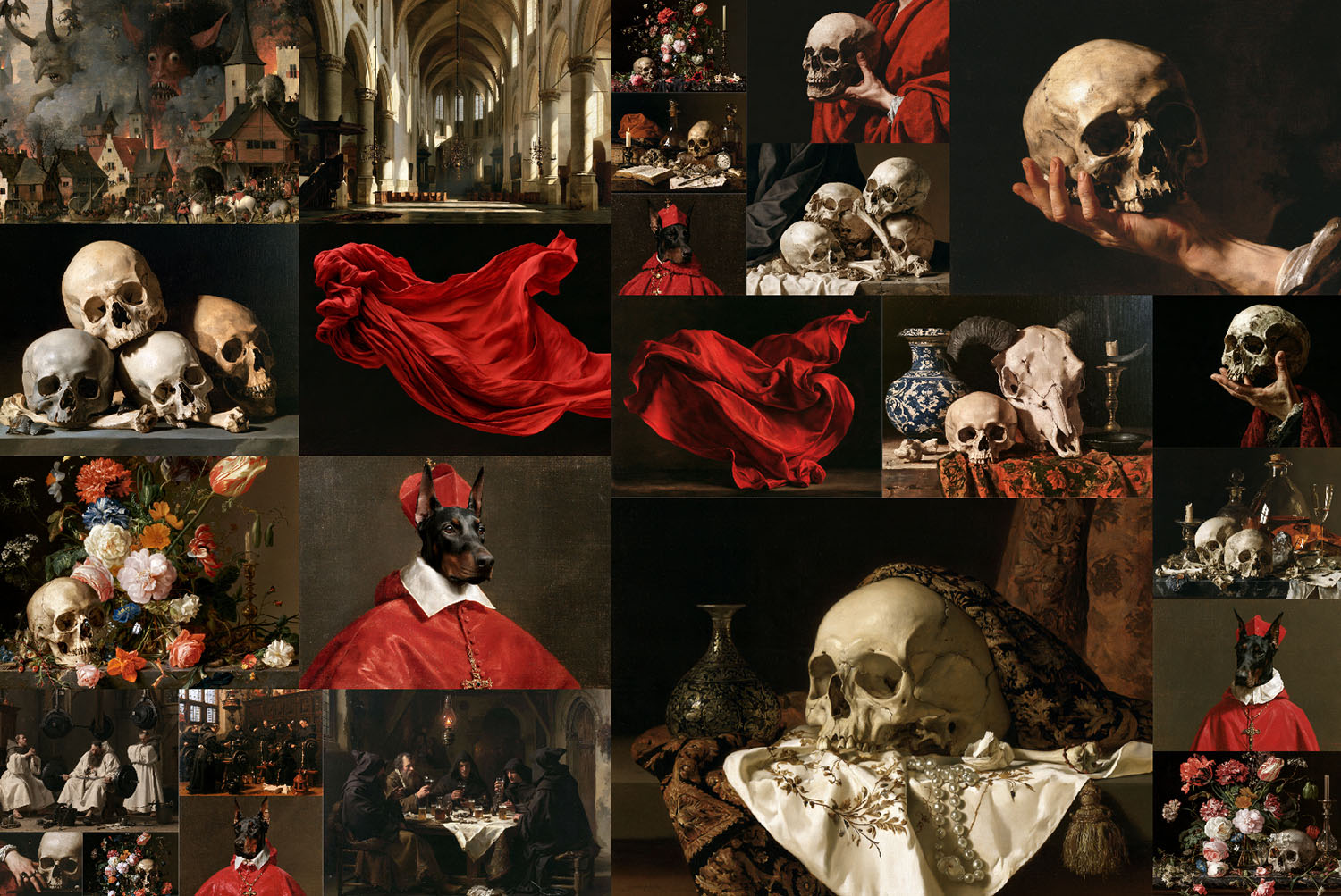 Monastic Font Bonus Artworks Set One Collage of bonus Monastic Font artworks: vanitas skulls, red drapery and cardinal portraits