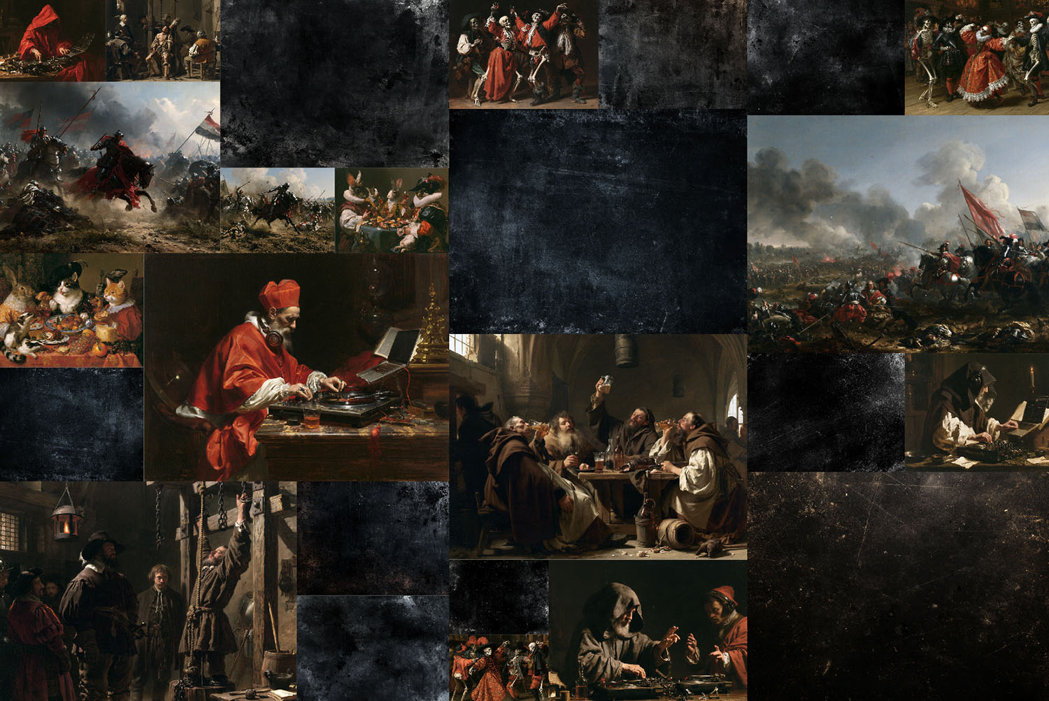 Monastic Font Bonus Artworks Set Two Collage of bonus Monastic Font artworks: battle scenes, monks and dark grunge textures