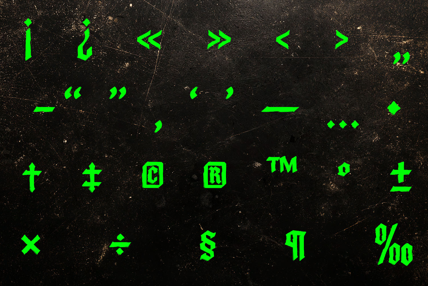 Monastic Font Punctuation Glyphs Green Monastic Font punctuation, quotes, daggers and math signs on black