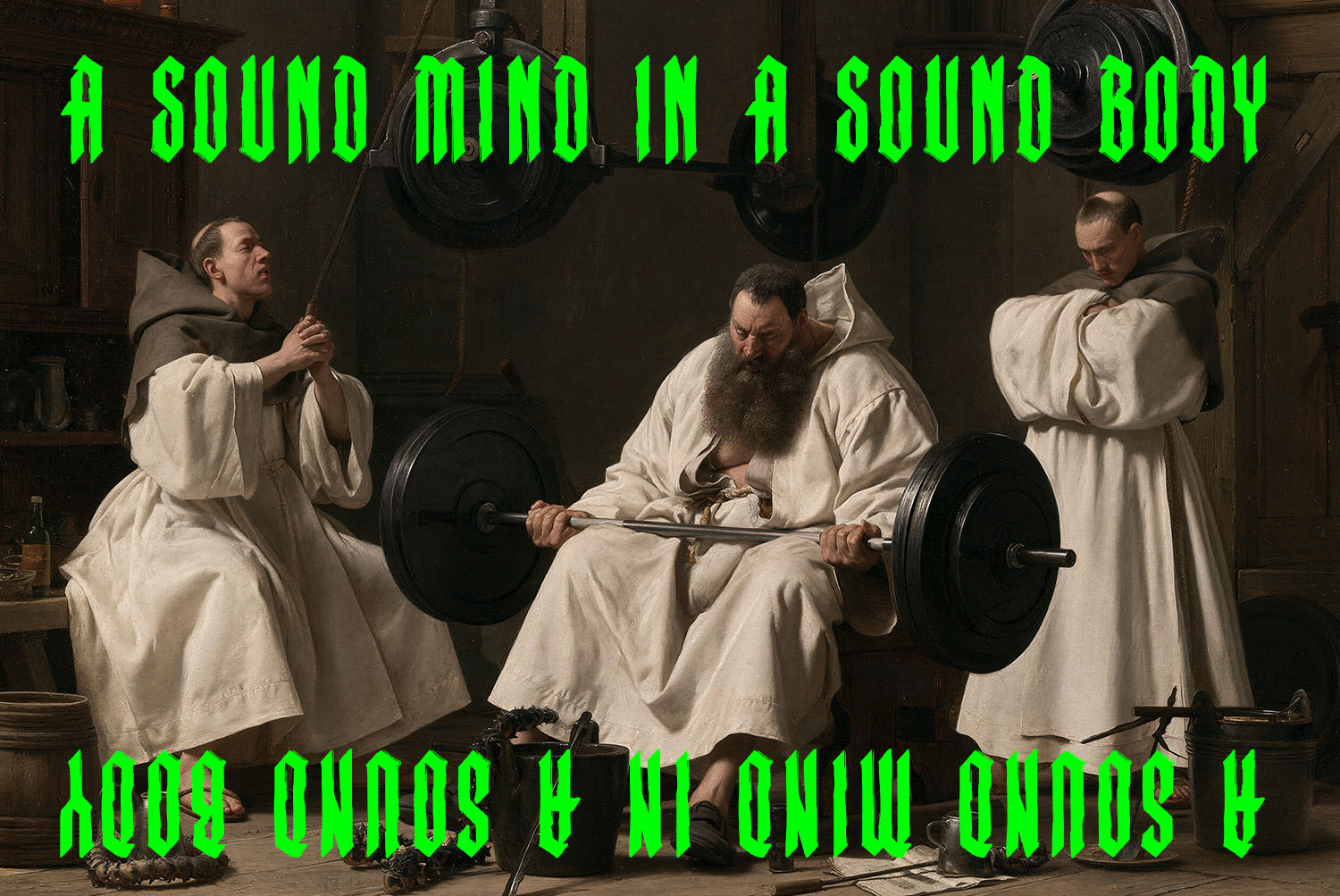 Monastic Font Monks Lifting Weights Monks training with barbells under a green Monastic Font motto about mind and body