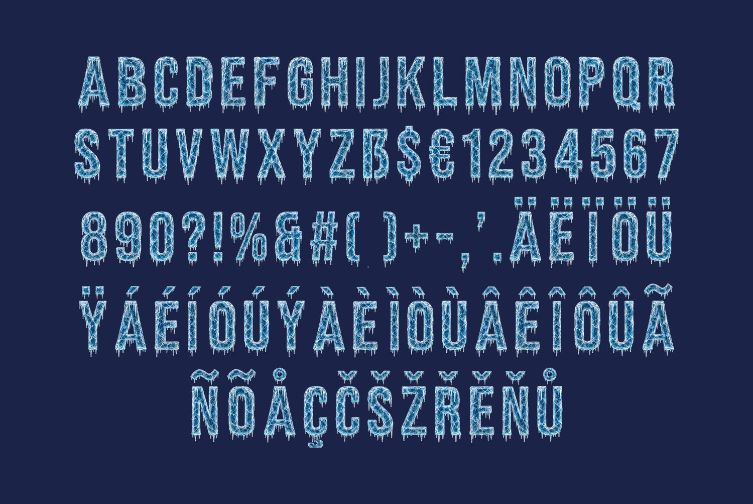 Polar Icicle Font Alphabet on Navy Polar Icicle Font alphabet, figures and accented capitals in cracked blue ice on a navy background