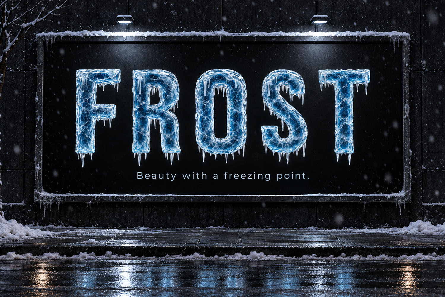Polar Icicle Font FROST Night Billboard Lit billboard at night in falling snow reading FROST in the Polar Icicle Font