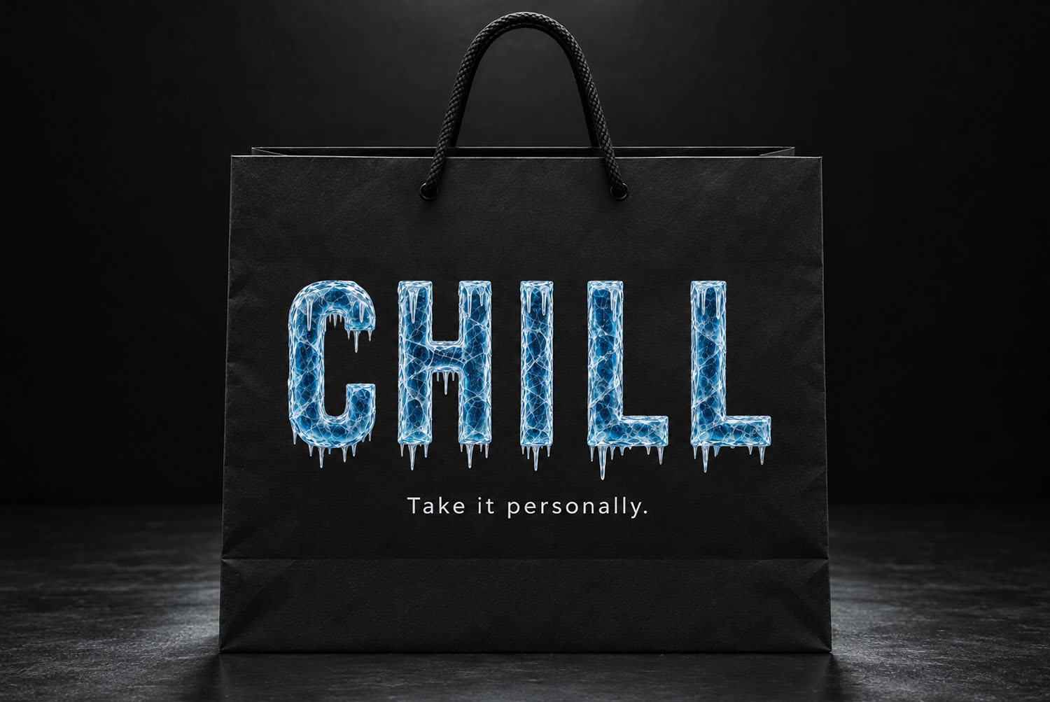 Polar Icicle Font CHILL Shopping Bag Black shopping bag mockup with the word CHILL set in the Polar Icicle Font