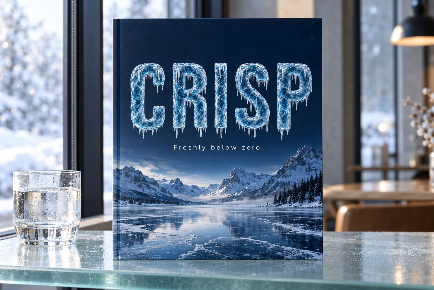 Polar Icicle Font CRISP Book Cover Book cover with CRISP in the Polar Icicle Font above a frozen mountain lake, standing by a snowy window