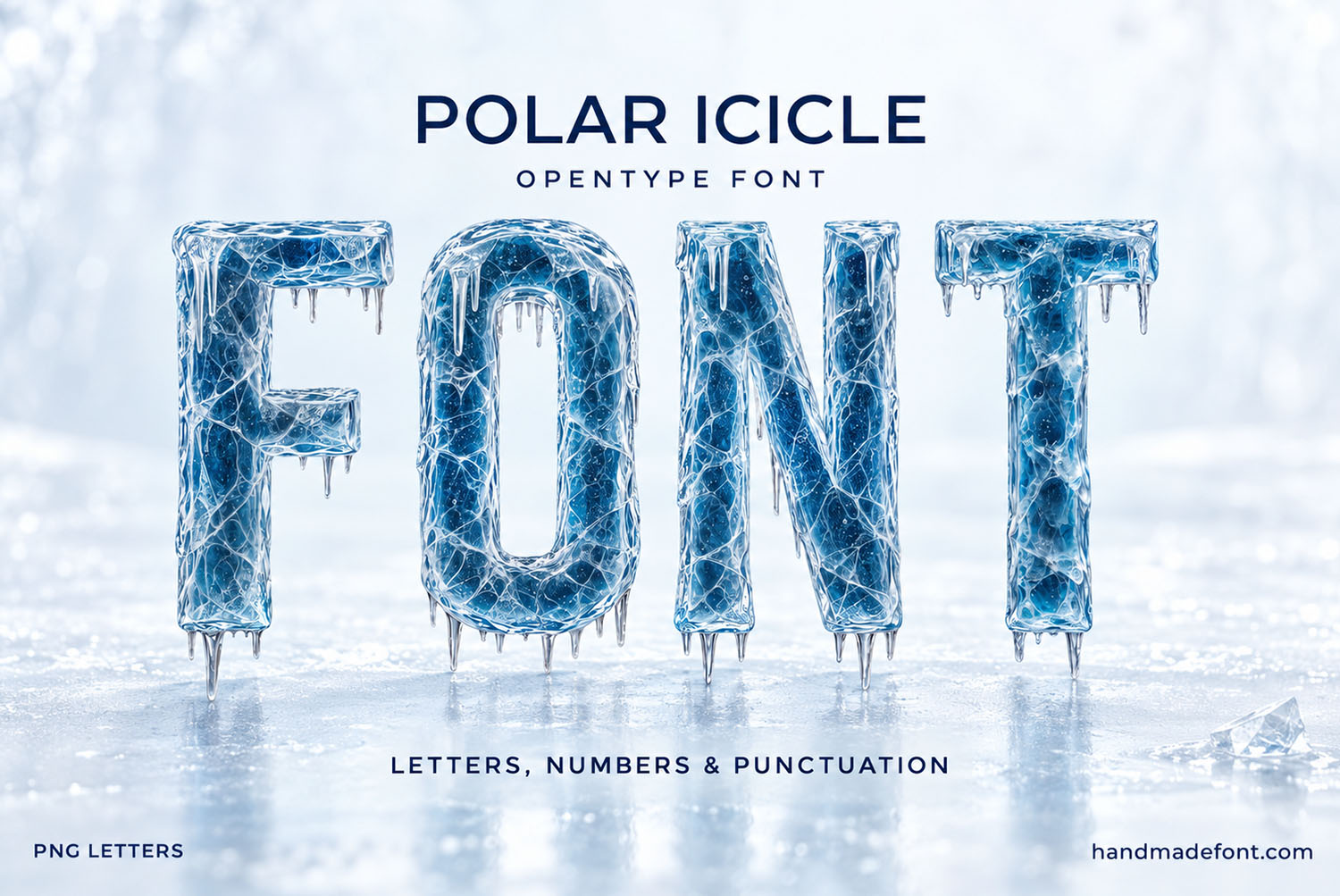 Polar Icicle Font FONT Cover on Frost Polar Icicle Font cover with the word FONT in cracked blue ice on a frosty white background
