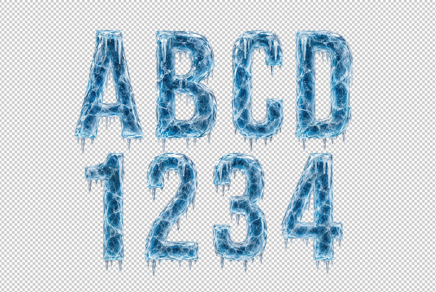 Polar Icicle Font Transparent PNG Letters Transparent PNG letters ABCD 1234 from the Polar Icicle Font on a checkerboard background