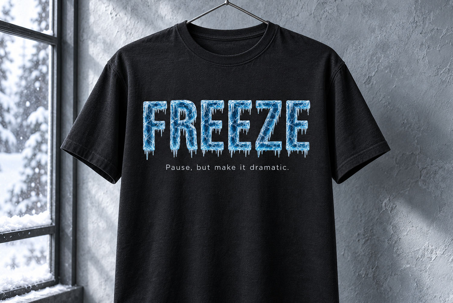 Polar Icicle Font FREEZE T-Shirt Black t-shirt on a hanger by a snowy window with FREEZE printed in the Polar Icicle Font