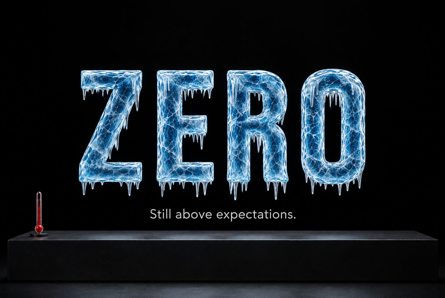 Polar Icicle Font ZERO on a Plinth ZERO in the Polar Icicle Font standing on a black plinth next to a small thermometer