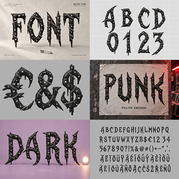 Six-tile preview of the Gothic Punk Font: FONT cover, ABCD 0123, euro ampersand dollar, PUNK, DARK and the full character set