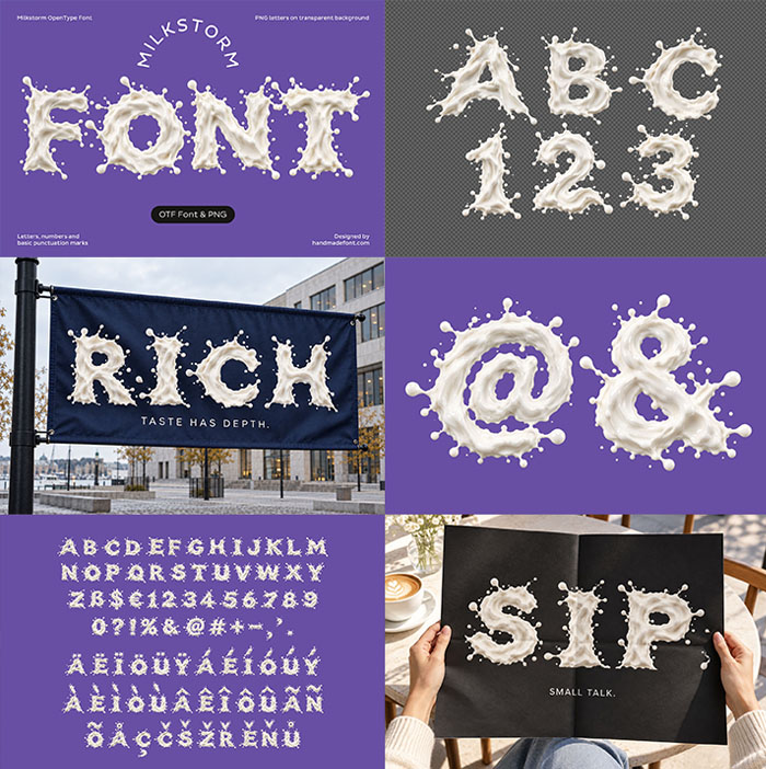 Six-tile preview of the Milkstorm Font: FONT cover, ABC 123, a RICH banner, at sign and ampersand, the character set and a SIP magazine page